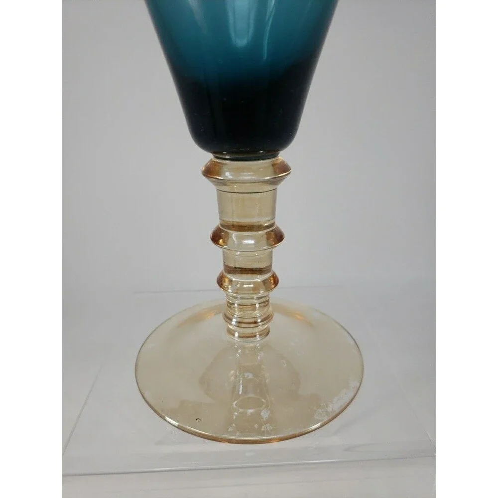 Vintage MCM Smoky Blue Glass Goblet Amber Stepped Ribbed Stem 2-Tone Wine Glass